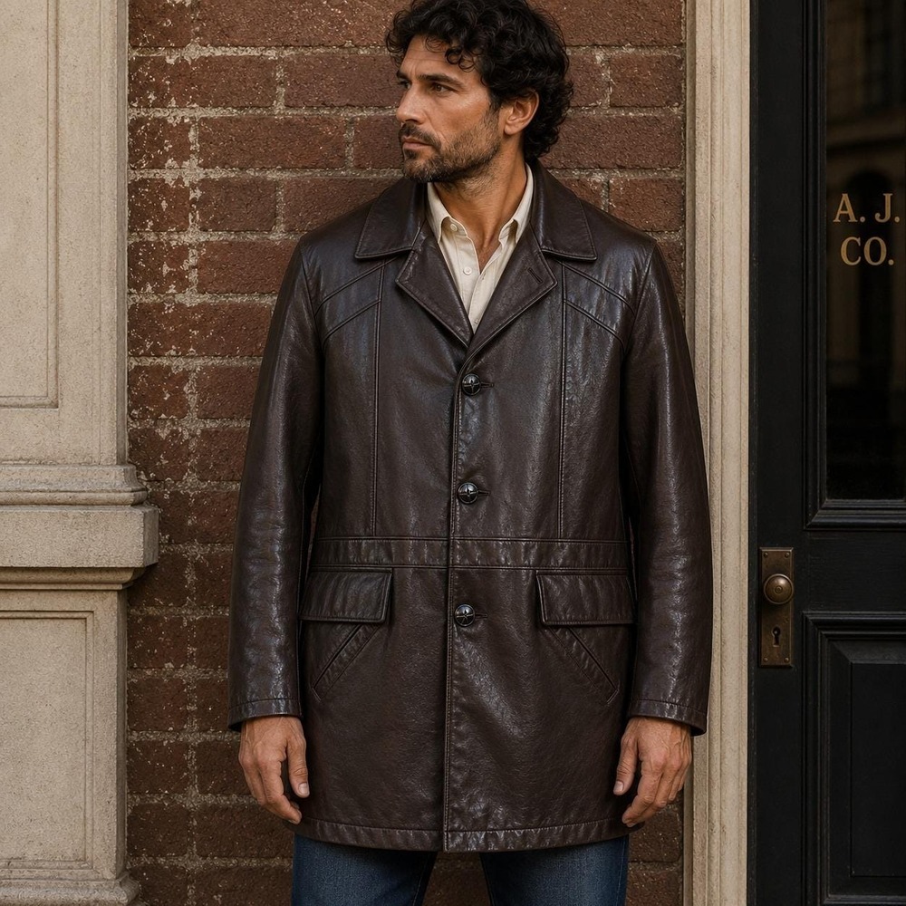 Vintage 1970s Mens Brown Cowhide Leather Car Coat Jacket 40R Heavyweight
